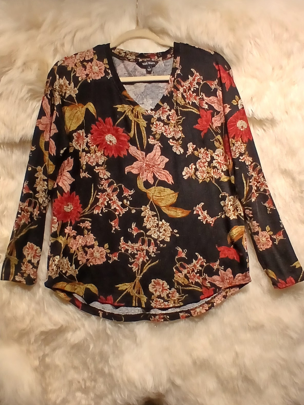 Well Worn Black Floral V-Neck Long Sleeve Tee